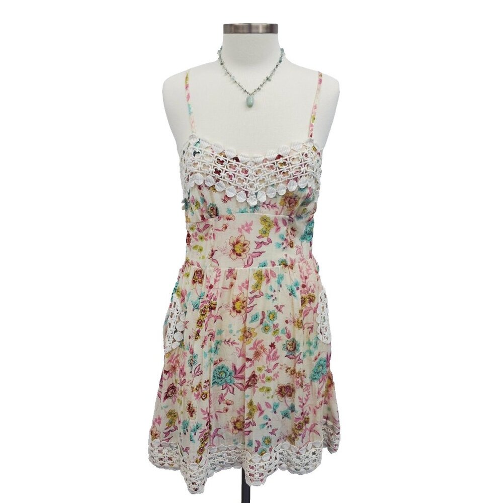 Comme Toi Womens Ditsy‎ Floral Print Cream Lace Accent Dress Medium *Flaw*